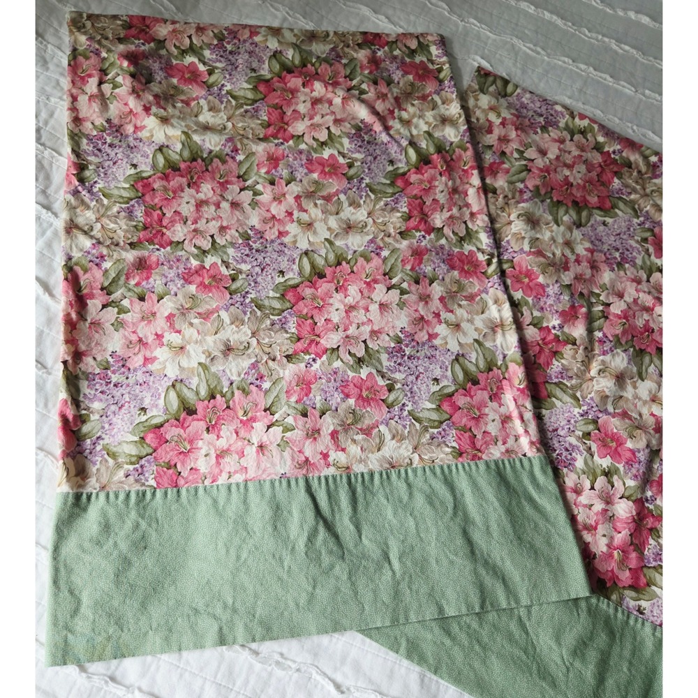 Vintage Floral Pillowcase Set 2 Standard Pink Azalea Lilac Sage Cottagecore - Picture 2 of 8